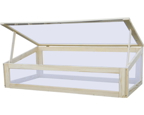Châssis de culture en bois avec couvercle en plexiglas, ouvert.