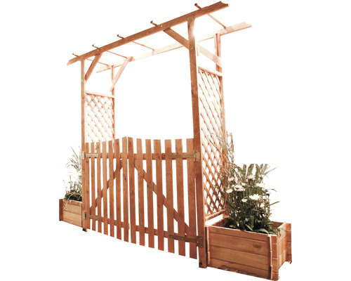 Pergola promadino Bamberg avec portes et jardinières 240 x 51 x 208 cm marron Pergola en bois avec portail et bacs à fleurs pour le jardin
