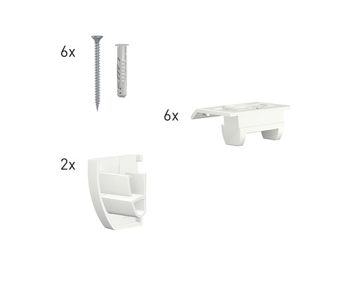 Befestigungsmaterial für Gardinenstangen, bestehend aus Schrauben, Dübeln und Halterungen