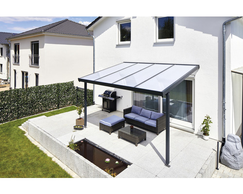 Terrassenüberdachung gutta Premium Polycarbonat opal 410,2 x 406 cm anthrazit Terrasse mit Überdachung, Gartenmöbeln und Grill