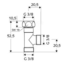 Technische Zeichnung eines Eckventils mit Maßen