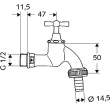 Technische Zeichnung einer Wasserarmatur mit Maßen