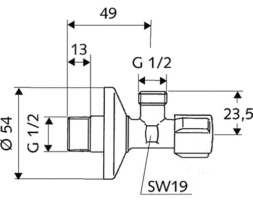 Technische Zeichnung eines Eckregulierventils mit Maßangaben