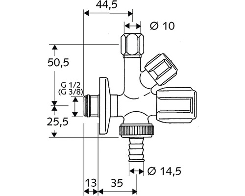 Schéma technique d''un robinet de réglage d''angle avec indications de dimensions
