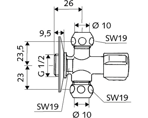 Technische Zeichnung eines Eckregulierventils mit Maßangaben