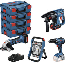 Akkugeräte Set mit Akku-Bohrschrauber, Akku-Bohrhammer, Akku-Winkelschleifer, Akku-Lampe, Ladegerät und Transportkoffer von Bosch