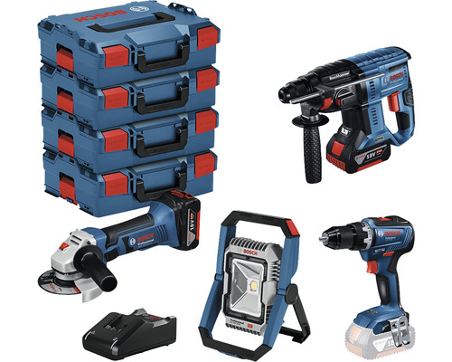 Kit pro 18V Bosch Professional kit électricien perceuse-visseuse + lampe de chantier + marteau perforateur + meuleuse d'angle avec 2 batteries (5.0 Ah), chargeur et 4x L-BOXX 136