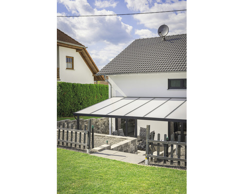 Toiture pour terrasse gutta Premium acrylique transparent 712 x 406 cm anthracite Maison avec terrasse et toit de terrasse dans le jardin