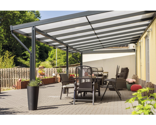 Toiture pour terrasse gutta Premium acrylique bronze 812,5 x 406 cm anthracite Terrasse avec auvent, mobilier de jardin et barbecue