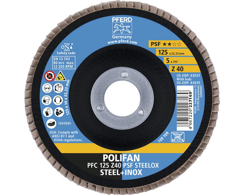 Plateau à lamelles rondelle éventail PFERD PSF STEELOX acier/inox Ø 125x22,23 mm granulométrie 40