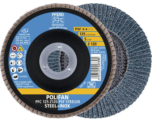 Disque abrasif Pferd Polifan PFC 125 Z120 PSF Steelox pour acier et acier inoxydable