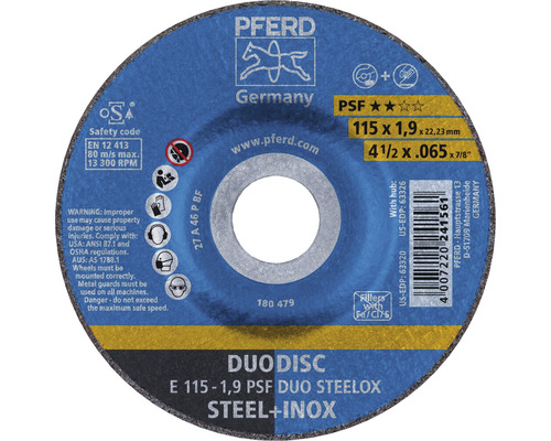 Disque à tronçonner PFERD PSF DUO STEELOX acier/inox Ø 115x22,23 mm