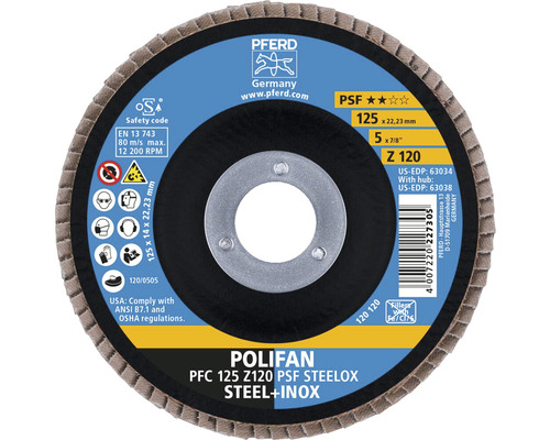 Plateau à lamelles rondelle éventail PFERD PSF STEELOX acier/inox Ø 125x22,23 mm granulométrie 120