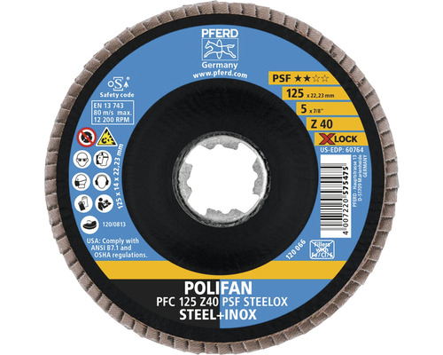 Plateau à lamelles rondelle éventail PFERD PSF STEELOX acier/inox Ø 125x22,23 mm granulométrie 40, fixation X-LOCK