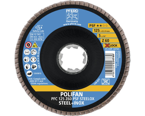 Plateau à lamelles rondelle éventail PFERD PSF STEELOX acier/inox Ø 125x22,23 mm granulométrie 60, fixation X-LOCK