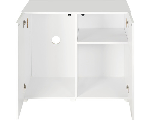 Meuble bas blanc avec espace de rangement ouvert et une étagère