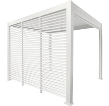 Pergola autoportante blanche avec toit à lamelles et parois latérales pour l''extérieur