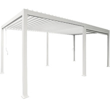 Freistehende, weiße Aluminium Terrassenüberdachung mit Lamellendach.