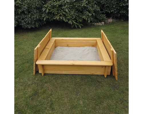 Sandkasten Tessa 100 mit Vollabdeckung Holz 100 x 100 x 24 cm braun Sandkasten aus Holz mit Sitzfläche im Garten