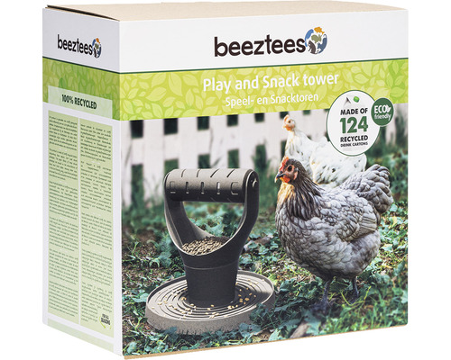Emballage d''un jouet et d''une tour à nourriture pour poulets Beeztees, fabriqués à partir de cartons de boissons recyclés