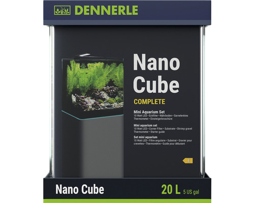 Aquarium DENNERLE Nano Cube Complete, 20 l, éclairage LED Chihiros C 251 avec filtre intérieur, vitres de couverture, support de sécurité, film pour la paroi arrière Scaper‘s Back, brochure d'entrée de gamme, terreau, graviers et thermomètre