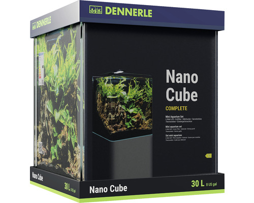 Aquarium DENNERLE Nano Cube Complete, 30 l, éclairage LED Chihiros C 251 avec filtre intérieur, vitres de couverture, support de sécurité, film pour la paroi arrière Scaper‘s Back, brochure d'entrée de gamme, terreau, graviers et thermomètre