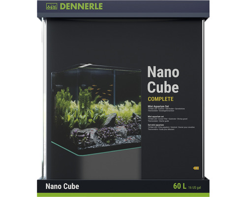 Aquarium DENNERLE Nano Cube Complete, 60 l, éclairage LED Chihiros C 361 avec filtre intérieur, vitres de couverture, support de sécurité, film pour la paroi arrière Scaper‘s Back, brochure d'entrée de gamme, terreau, graviers et thermomètre