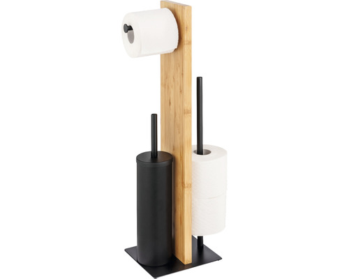 Stand-WC-Bürstengarnitur Wenko Lesina 3in1 bambus/schwarz 25376100 Freistehende Toilettenpapiergarnitur mit Bambus, Toilettenpapierhalter und Klobürste