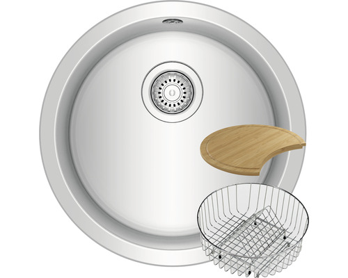 Runde Edelstahlspüle mit Schneidebrett und Abtropfkorb