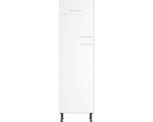 Weißer Küchenhochschrank mit drei Türen und Metallgriffen