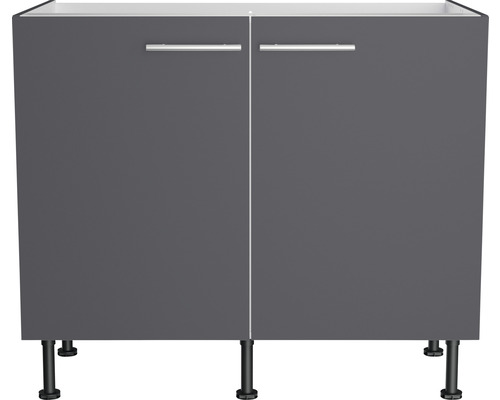 Unterschrank mit zwei grauen Türen und silberfarbenen Griffen