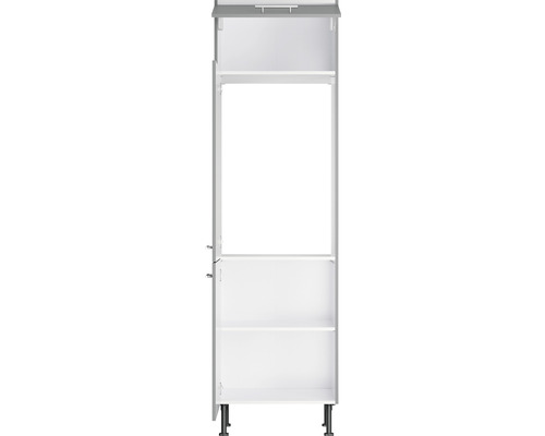 Armoire haute de cuisine blanche avec portes ouvertes et étagères
