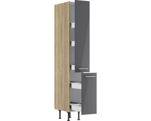 Küchenhochschrank mit Auszügen, grauen Türen und Füßen