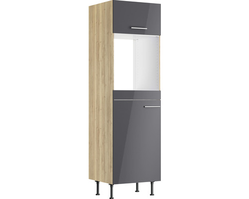 Optifit Backofen/Kühlumbauschrank für 88er Einbaukühlschrank Jonte984 BxTxH 60 x 58,4 x 211,8 cm anthrazit glänzend zerlegt Anschlag reversibel KFJO HOMK660-8+ Küchenhochschrank mit grauen Fronten und Holzdekor