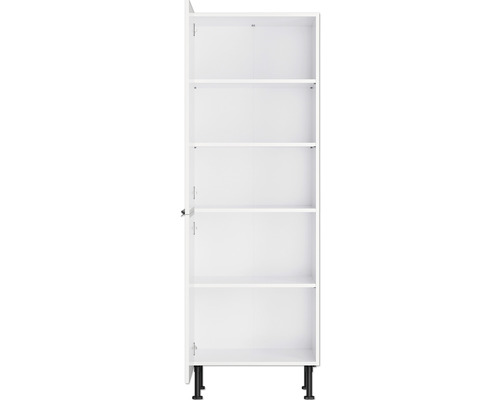 Armoire de cuisine blanche avec porte ouverte et étagères