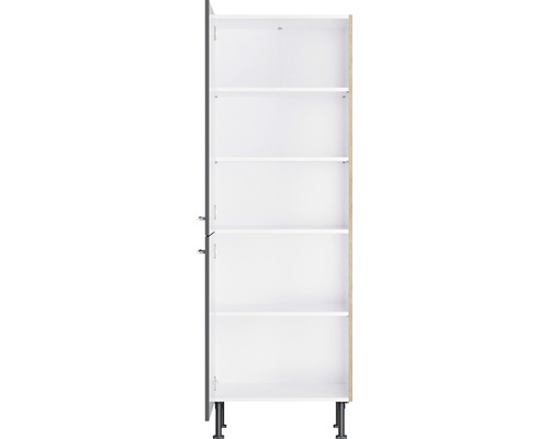 Armoire haute ouverte avec étagères et pieds.