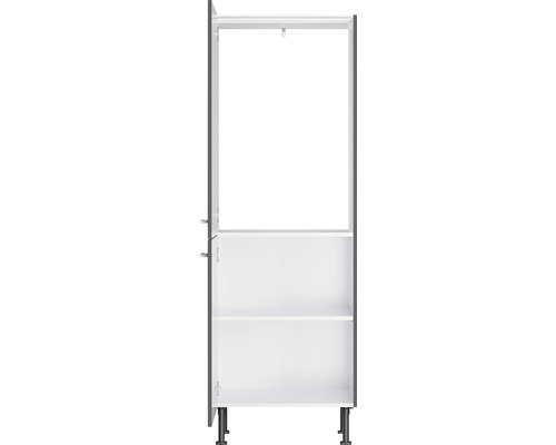 Offener grauer Hochschrank mit Regalböden und Kleiderstange