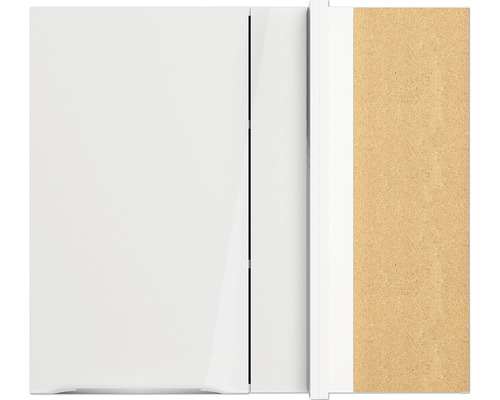 Detailansicht eines weißen Badezimmerschranks aus Holzwerkstoff