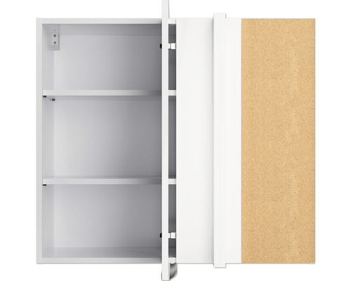 Offener weißer Badezimmerschrank mit Regalen