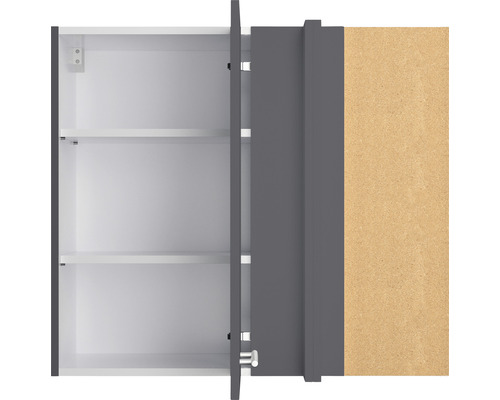 Armoire de toilette grise ouverte avec deux étagères