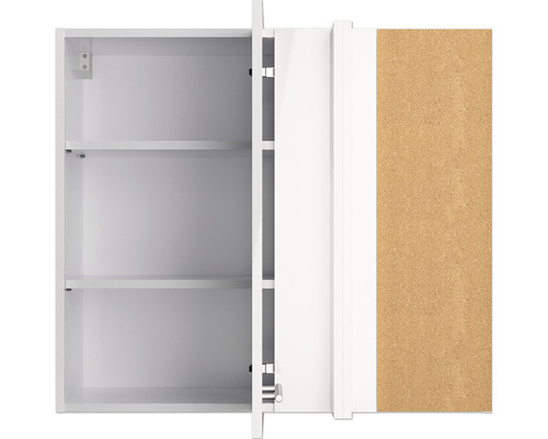 Offener weißer Spiegelschrank mit Regalböden