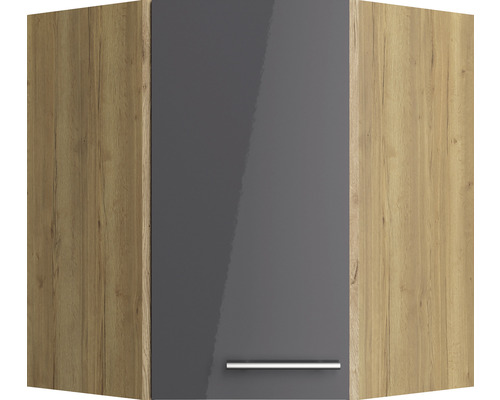 Eckhängeschrank mit grauer Hochglanztür und Holzstruktur