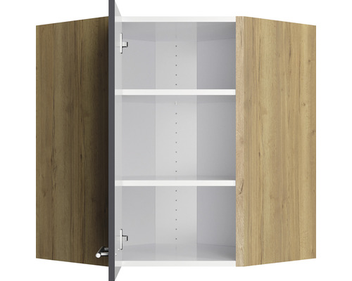 Offener Wandschrank mit Holztüren und zwei weißen Einlegeböden