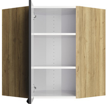 Offener Hängeschrank mit zwei Regalböden und Holztüren