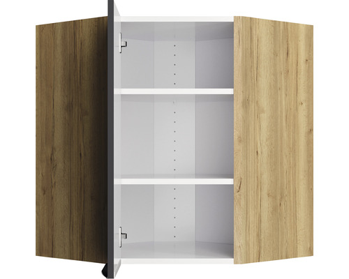 Offener Hängeschrank mit zwei Regalböden und Holztüren