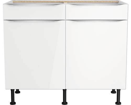 Weißer Badezimmerunterschrank mit zwei Schubladen und zwei Türen