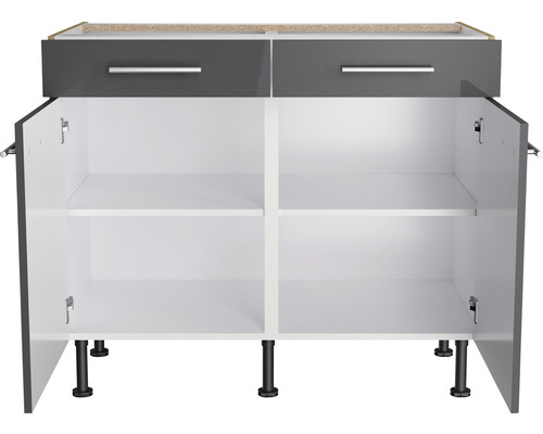 Unterschrank mit zwei Schubladen und zwei offenen Türen mit Einlegeböden