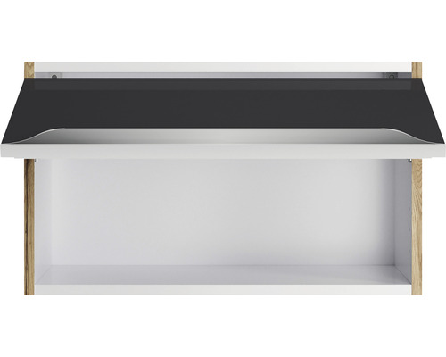 Armoire murale avec porte sombre ouverte et intérieur blanc