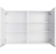 Offener weißer Hängeschrank mit Regalböden für Badezimmer und andere Räume.