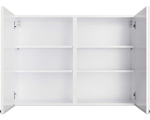 Offener weißer Hängeschrank mit Regalböden für Badezimmer und andere Räume.